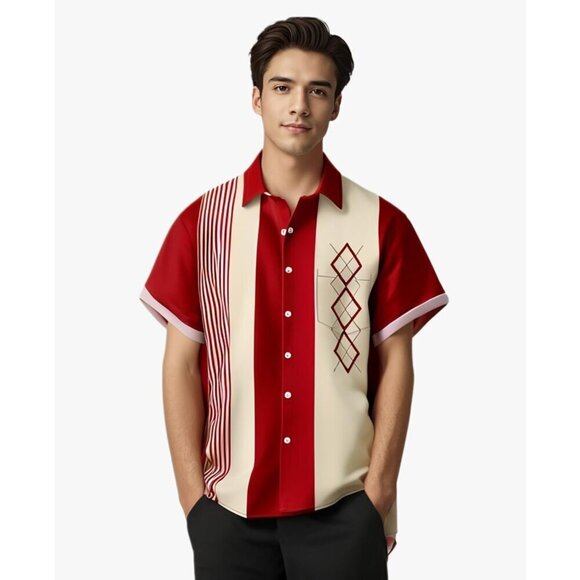 ❤️Men Red Print Short Sleeve Hawaiian Fit Casual Button Down Beach Shirts - Picture 5 of 7